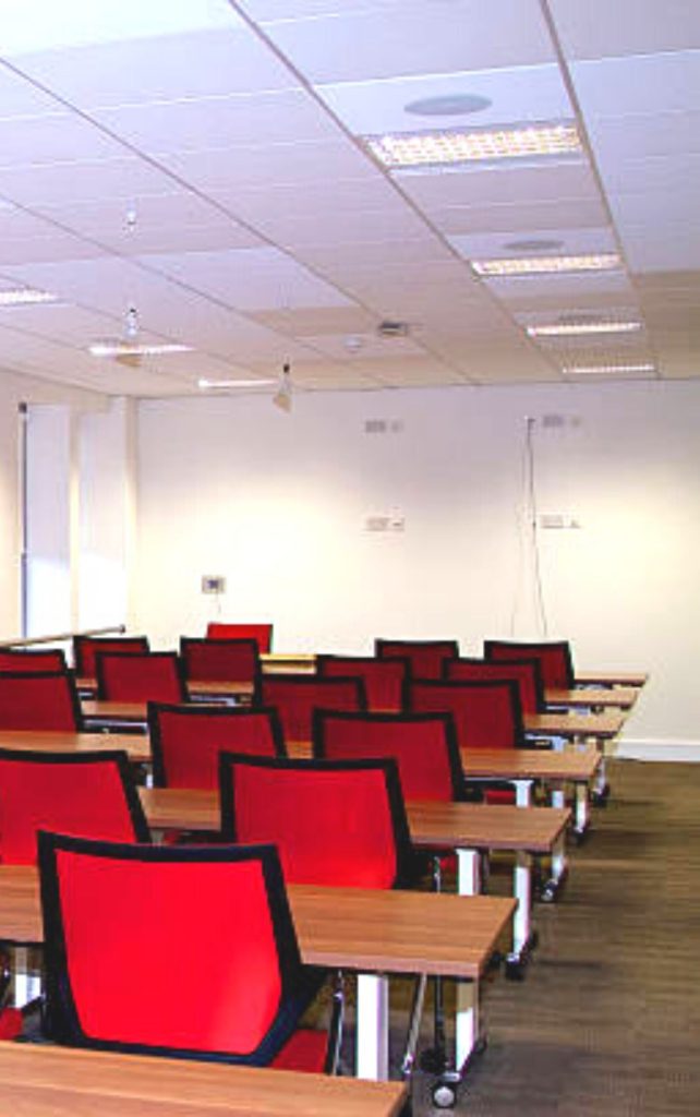 Office ceiling room with red chairs