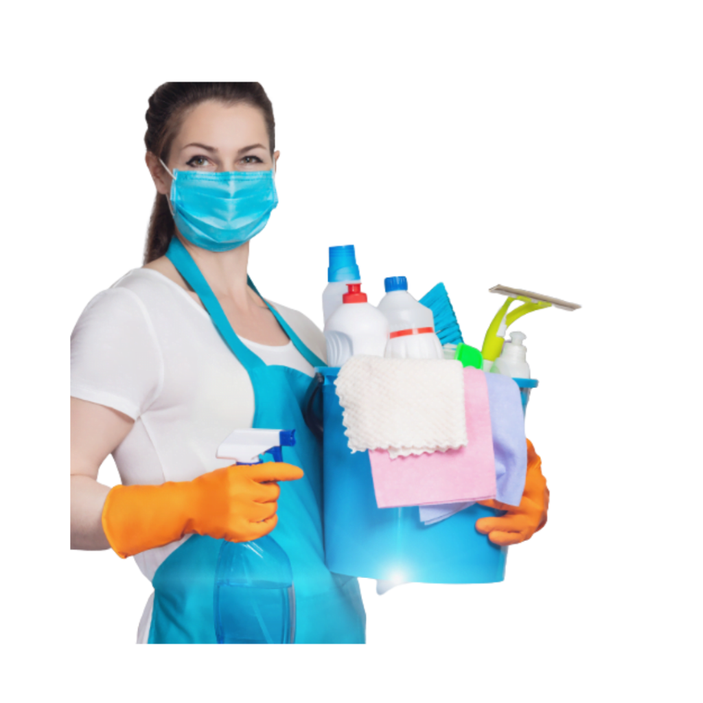 female cleaner holding cleaning materials