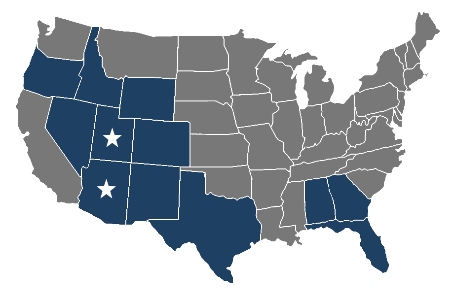 map of the USA dark gray with 12 states highlighted