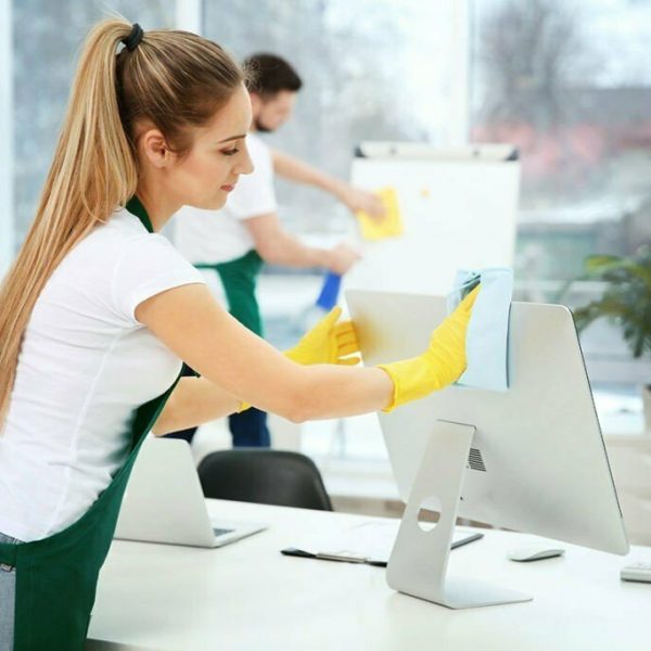 Lady in A Green Apron Cleaning A Computer